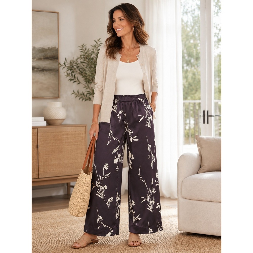 NWT Womens Large Satin Floral Wide Leg Pants Elastic Waist Pockets Career Casual